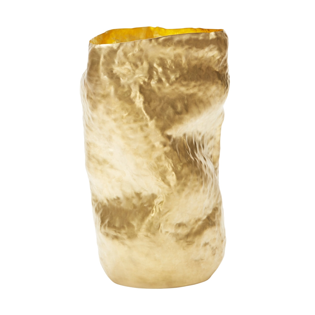 The Tom Dixon Bash Vessel Tall in Brass from Warehouse Home showing side angle