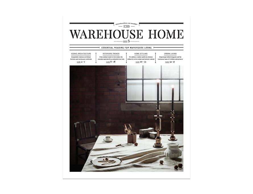 Warehouse Home interior design magazine Issue Five cover features an industrial dining tablescape with brick walls