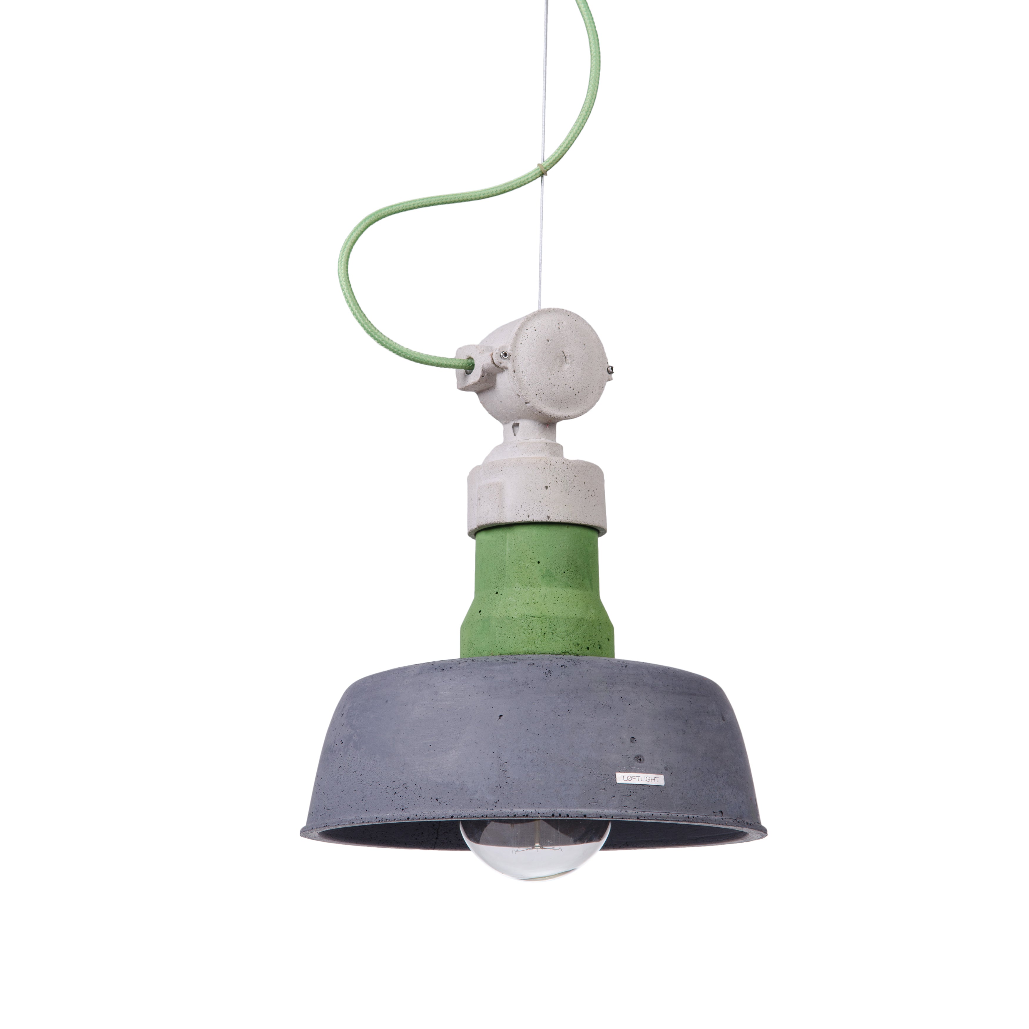 Loftlight Volta industrial pendant lamp with green detail in hand cast concrete from Warehouse Home 