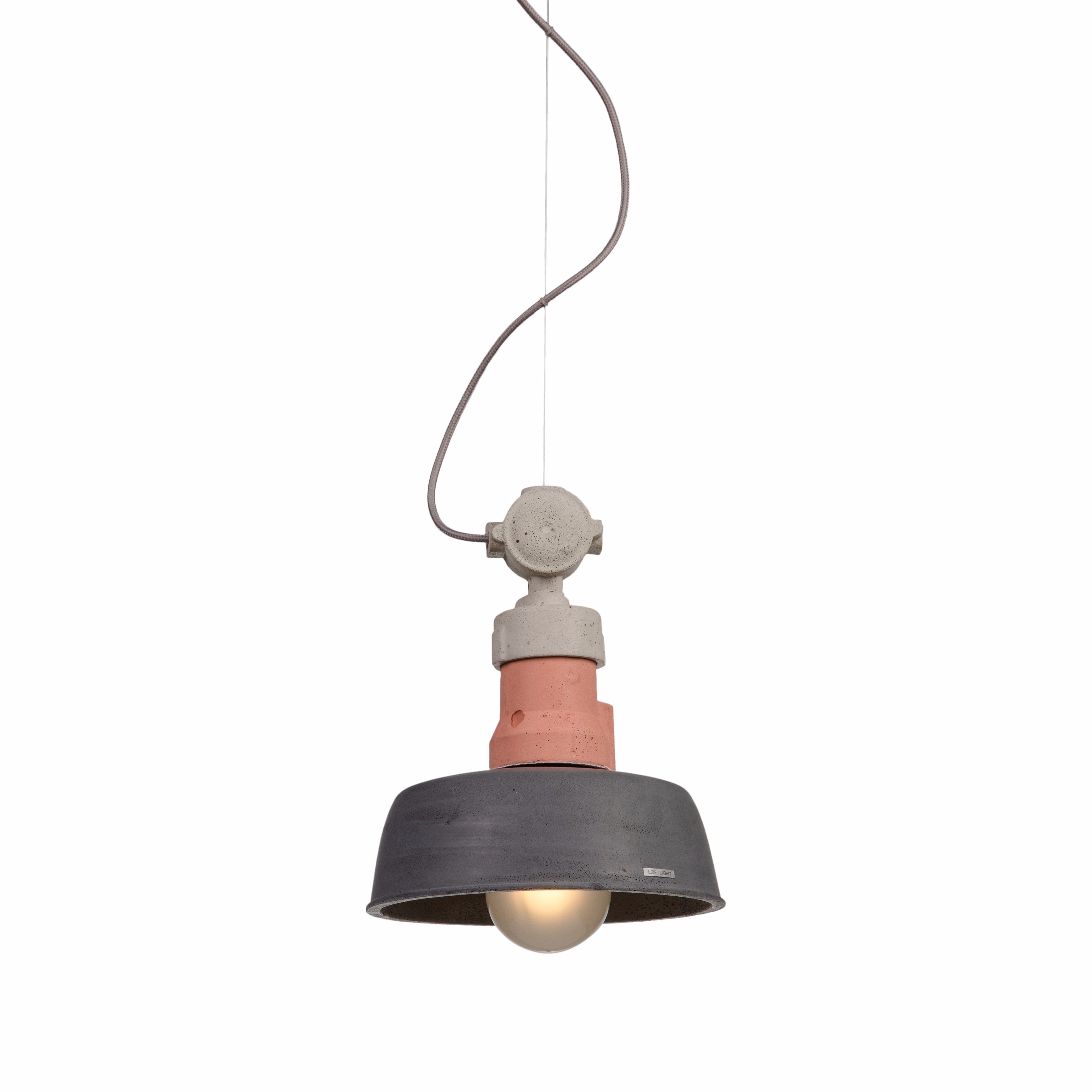Loftlight Volta industrial pendant lamp with pastel pink detail in hand cast concrete from Warehouse Home 