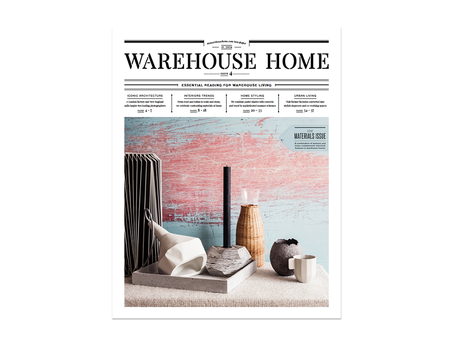 Warehouse Home interior design magazine Issue Four cover features home accessories against blue and pink wallpaper