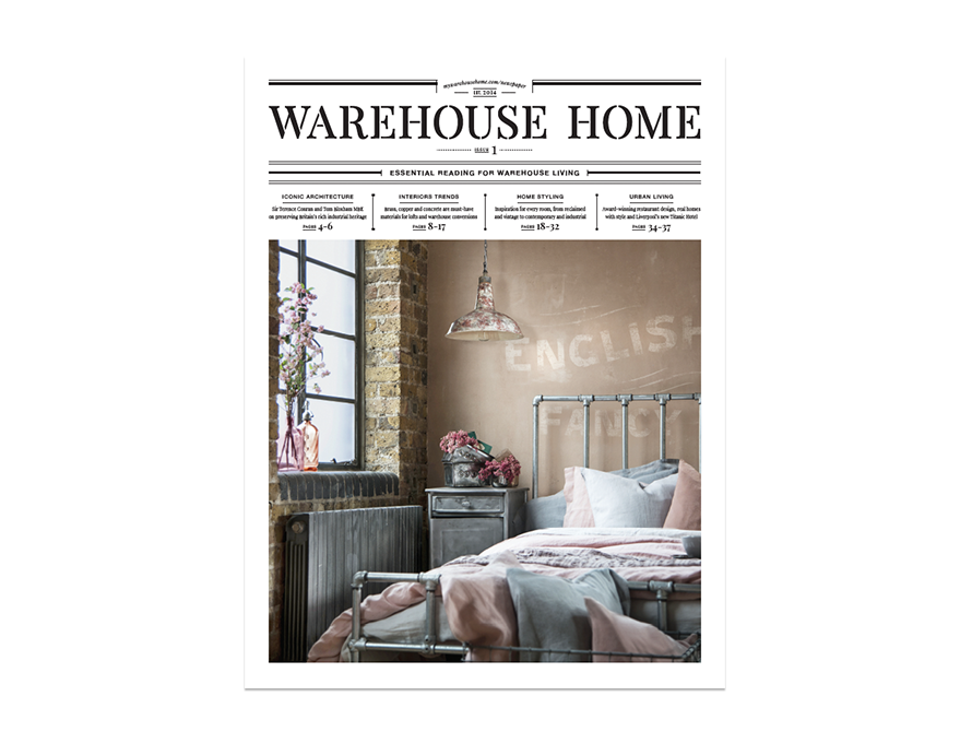 Warehouse Home interior design magazine Issue One cover features an industrial bedroom with exposed brick wall