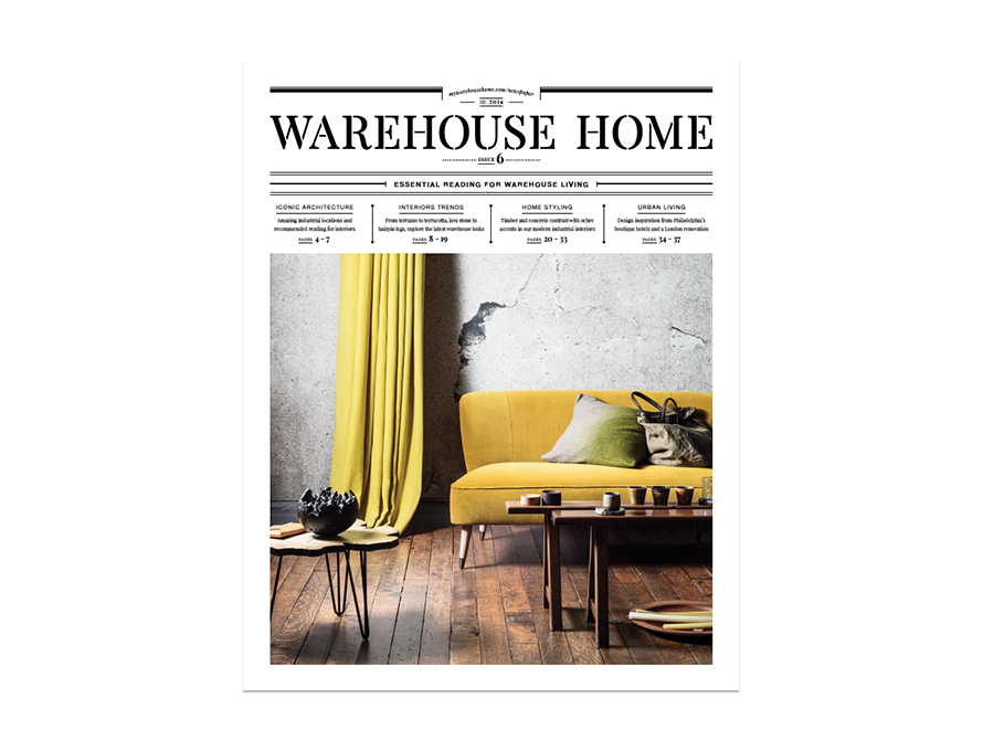 Warehouse Home interior design magazine Issue Six cover features a yellow sofa in a warehouse conversion 