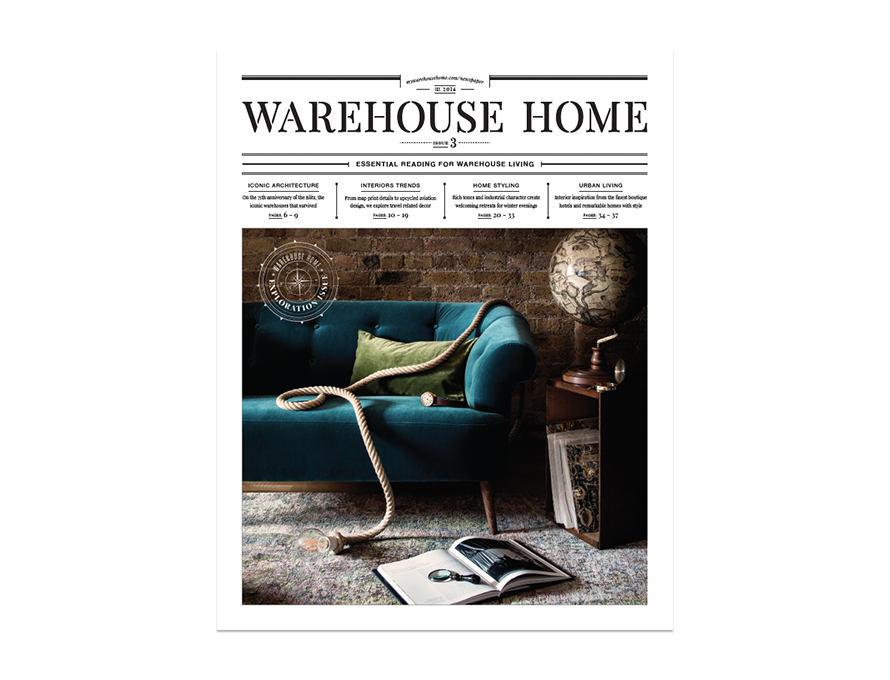 Warehouse Home interior design magazine Issue Three cover features a living room with a blue sofa