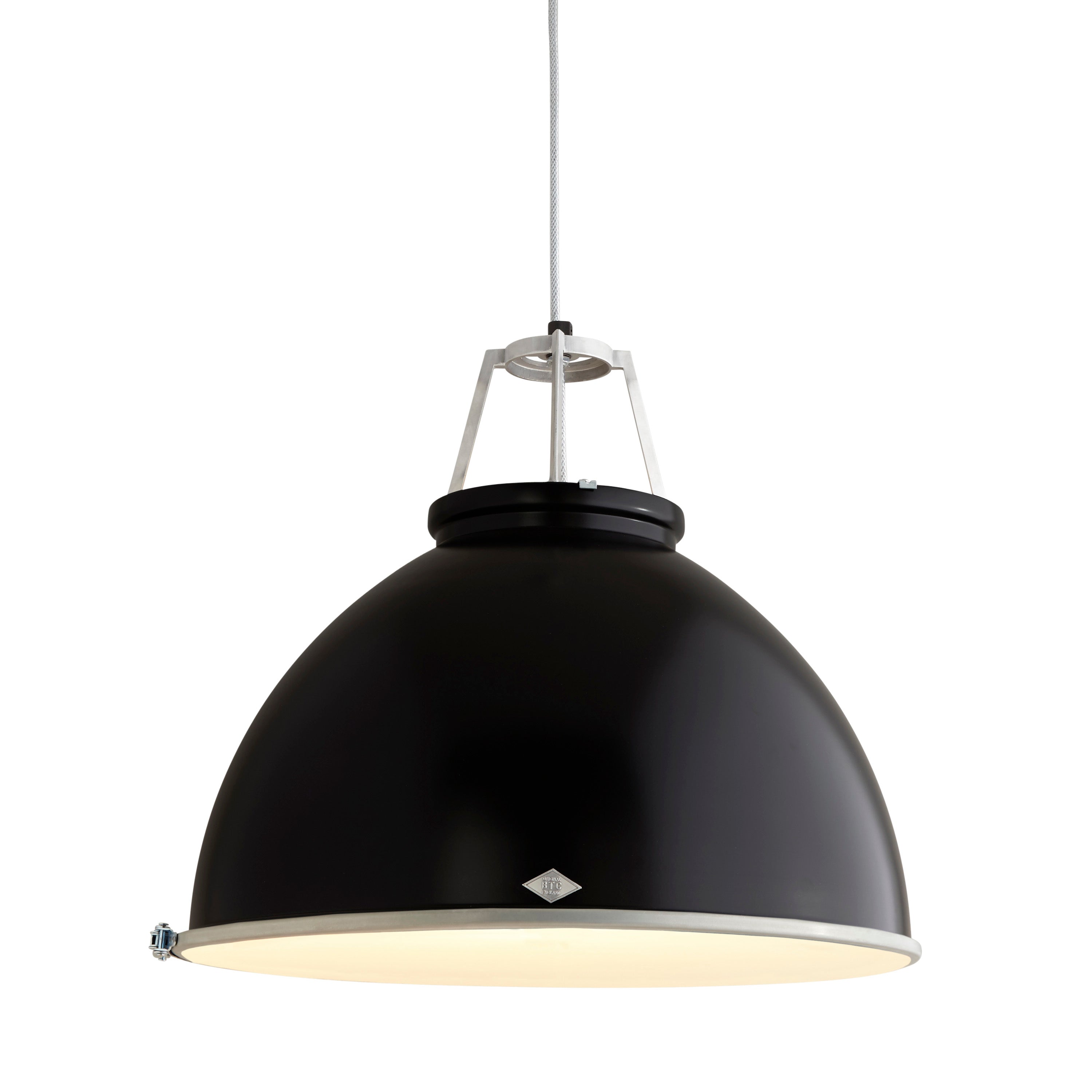 Original BTC Titan Size 5 pendant light in glossy black with etched glass from Warehouse Home