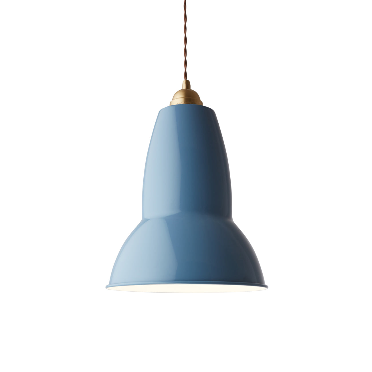 Anglepoise Giant 1227 pendant light in dusty blue with brass detail from Warehouse Home