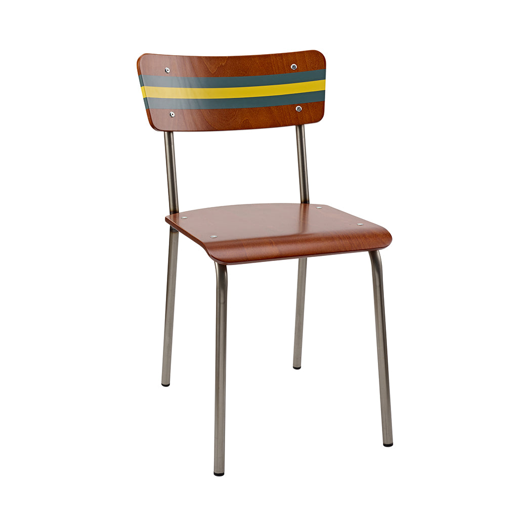 Vintage Industrial Classic School Chair With Canton Green And Gamboge Yellow Stripe