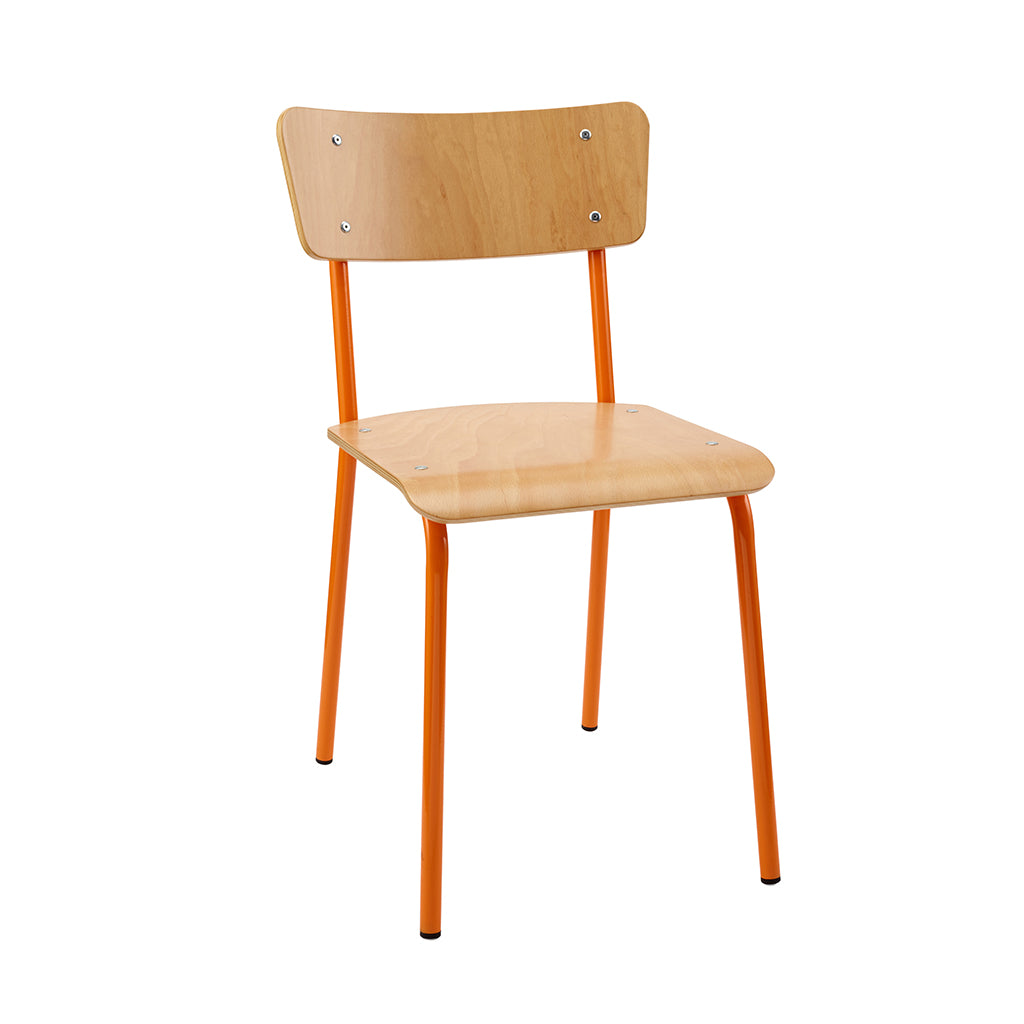 Vintage Industrial Classic School Chair In Natural Beech And Orange