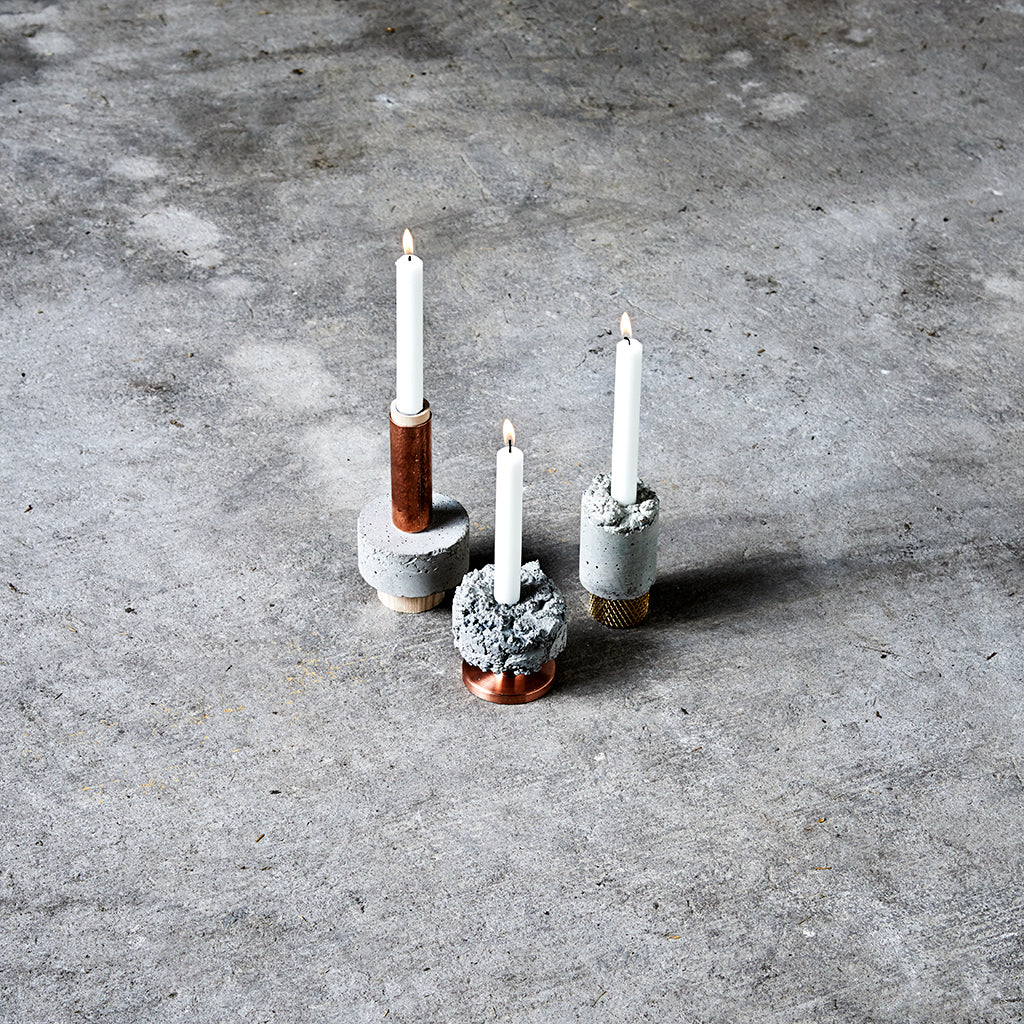Tall Stuart Crowd Candle Holder In Concrete And Hammered Copper